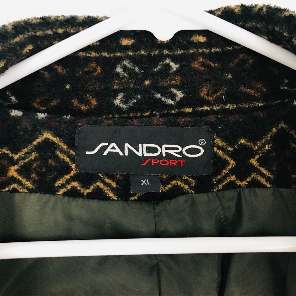 Vintage Sandro Sport Fleece Green Tan Pattern Poly Pile Collar Button Up Jacket - Picture 16 of 16